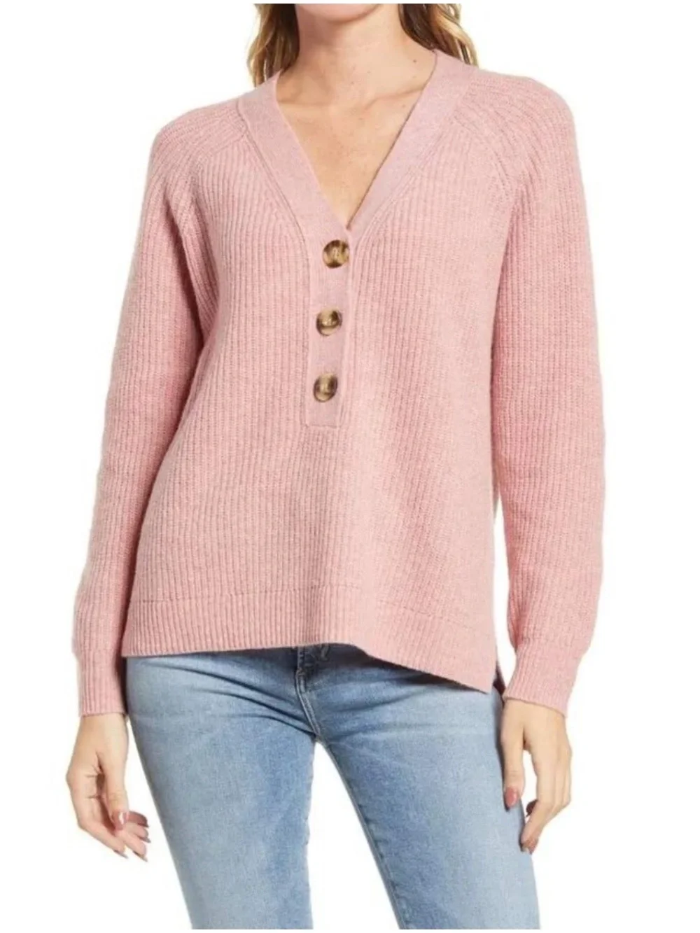 Madewell Merino Wool Pink V-Neck Button Front Lyle Rib Henley Pullover Sweater